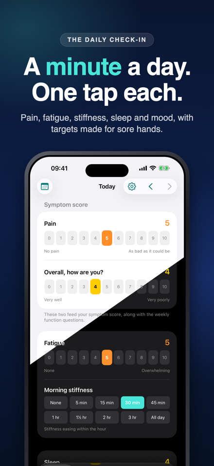 A minute a day, one tap each: the check-in, shown half in light and half in dark.