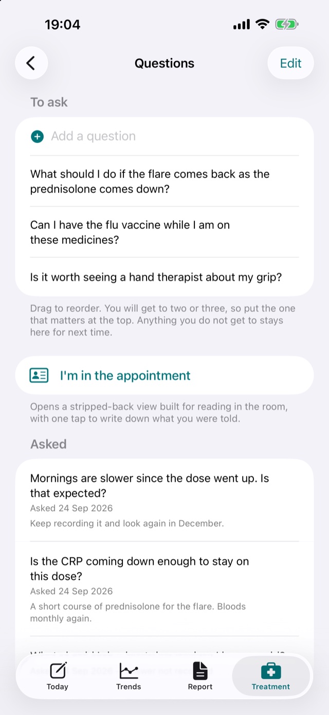 The questions list: three questions to ask, the I'm in the appointment button, and questions already asked with the answers written in.