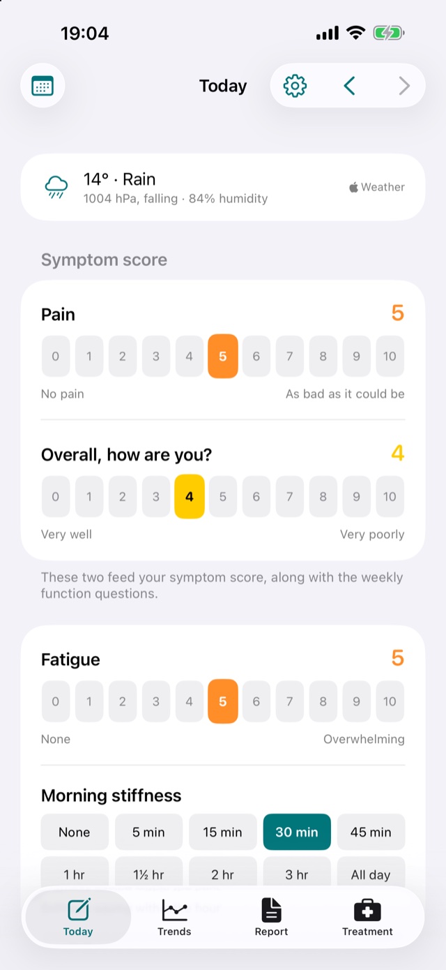The daily check-in with 0 to 10 scales for pain, overall status and fatigue.